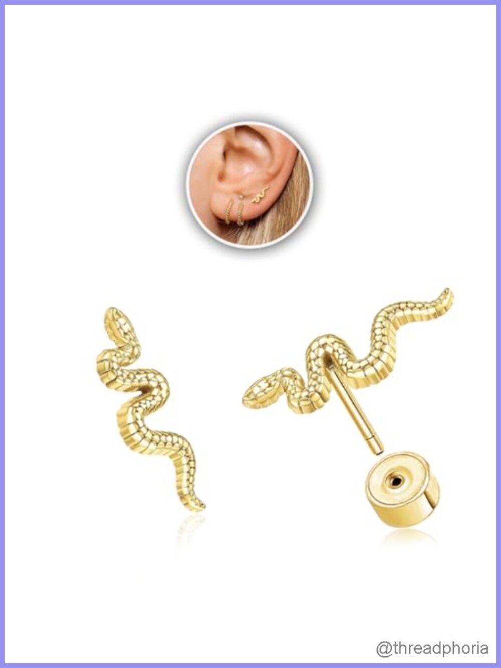 14k Gold Plated Snake Flat Back Stud Earrings 316L Stainless Steel Push-in